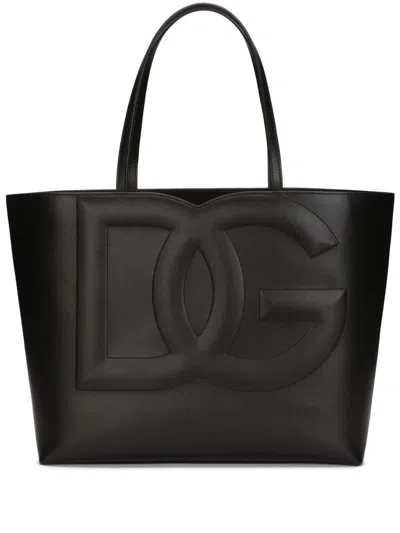 DOLCE & GABBANA BLACK LOGO LEATHER SHOPPING BAG