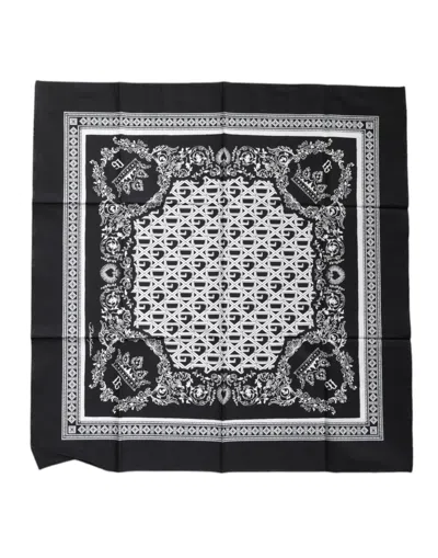 Pre-owned Dolce & Gabbana Black Logo Monogram Cotton Handkerchief Men's Scarf () In Black And White