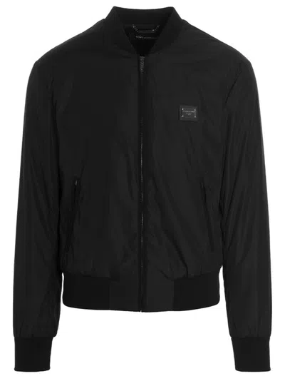 DOLCE & GABBANA BLACK LOGO PLAQUE BOMBER JACKET