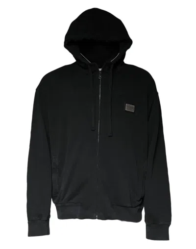 Pre-owned Dolce & Gabbana Black Logo Plaque Hooded Full Zip Men's Sweater ()