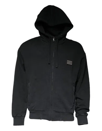 Pre-owned Dolce & Gabbana Black Logo Plaque Hooded Full Zip Men's Sweater ()