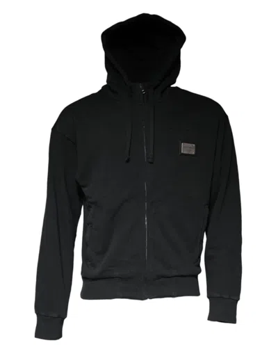 Pre-owned Dolce & Gabbana Black Logo Plaque Hooded Full Zip Men's Sweater ()