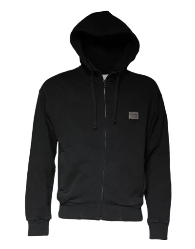Pre-owned Dolce & Gabbana Black Logo Plaque Hooded Full Zip Men's Sweater ()