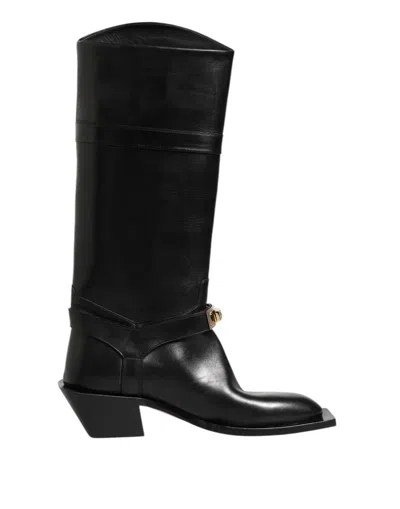 DOLCE & GABBANA BLACK LOGO PLAQUE OVER THE CALF BOOT SHOES