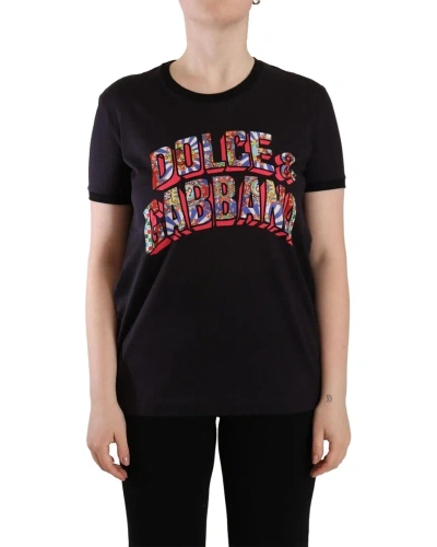 Dolce & Gabbana Black Logo Print Cotton Crew Neck