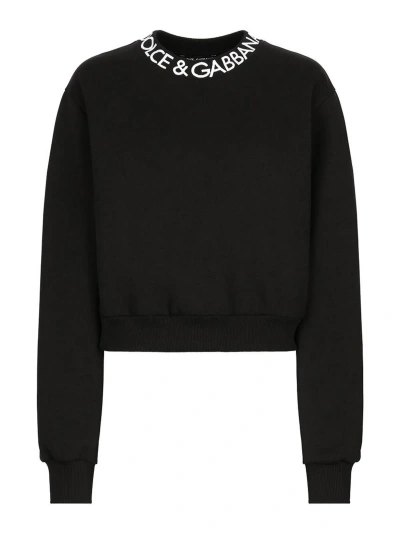 Dolce & Gabbana Black Logo Print Crew Neck Crop  T-shirt