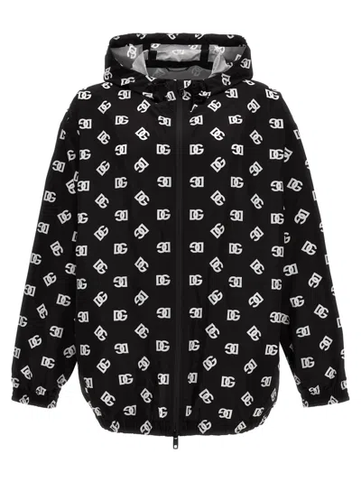 DOLCE & GABBANA BLACK LOGO PRINT HOODED JACKET