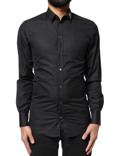 Dolce & Gabbana Black Love Embroidery Gold Formal Dress Shirt