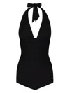 Dolce & Gabbana Black Gathered One-piece Swimsuit With Logo Patch In Stretch Polyamide Woman
