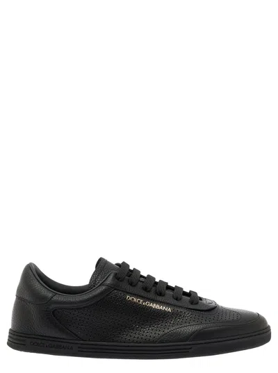 Dolce & Gabbana Black Low Top Perforated Sneakers With Logo Detail In Leather Man