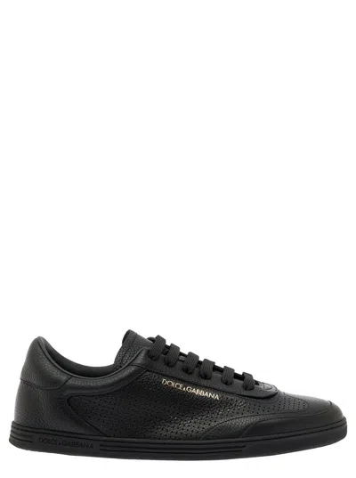 Dolce & Gabbana Black Low Top Perforated Sneakers With Logo Detail In Leather Man In Beige