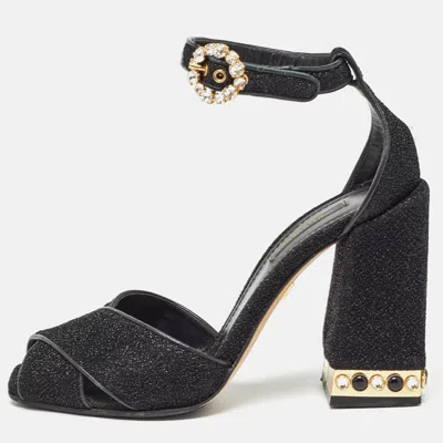 Pre-owned Dolce & Gabbana Black Lurex Fabric Crystal Embellished Block Heel Ankle Strap Sandals Size 37