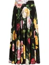 Dolce & Gabbana Floral Print Charmeuse Midi Skirt In Black