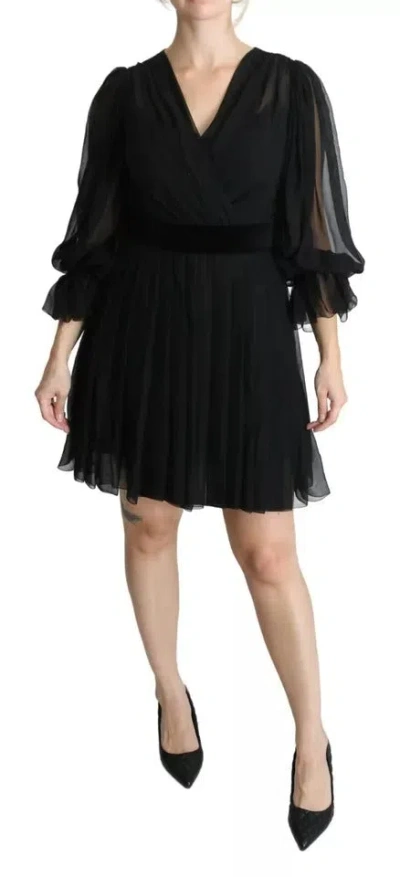 Pre-owned Dolce & Gabbana Black Mesh Pleated Mini Silk Blend Women's Dress ()