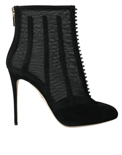 Dolce & Gabbana Suede Mesh Ankle Boots Leather Sole Zip In Black