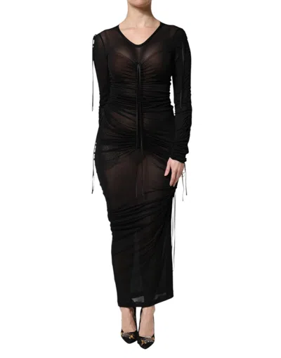 Dolce & Gabbana Black Mesh Trim Bodycon Long Sheath Dress