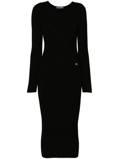 DOLCE & GABBANA BLACK MIDI DRESS WITH LOGO