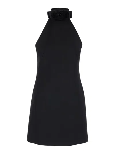 Dolce & Gabbana Black Mini Dress With Floral Detail In Wool Woman