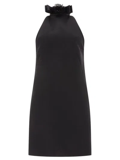 Dolce & Gabbana Black Mini Dress With Floral Detail In Wool Woman