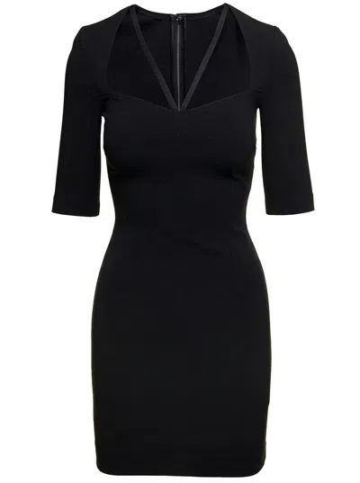 Dolce & Gabbana Black Mini Dress With Short Sleeves And Neckline Detail In Viscose Blend Woman