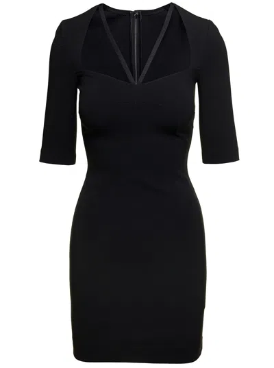 DOLCE & GABBANA DOLCE & GABBANA BLACK MINI DRESS WITH SHORT SLEEVES AND NECKLINE DETAIL IN VISCOSE BLEND WOMAN