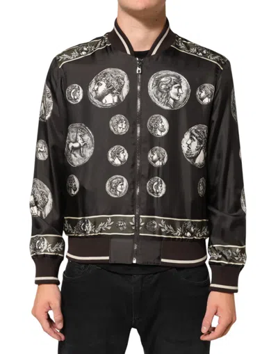 Dolce & Gabbana Black "monete" Coin Print Silk Bomber Jacket