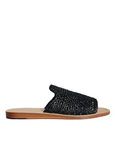 Pre-owned Dolce & Gabbana Black Monochrome Braided Raffia Slides Men's Shoes ()