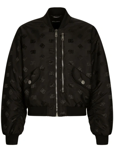 Dolce & Gabbana Black Monogram-print Satin Bomber Jacket