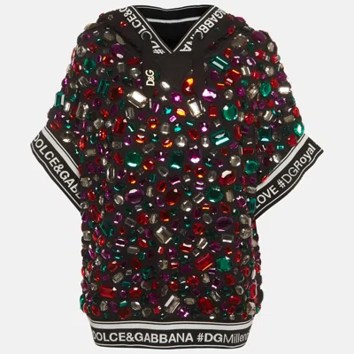 Pre-owned Dolce & Gabbana Black Multicolour Crystal Embellished Short Sleeve Hooded Sweatshirt S