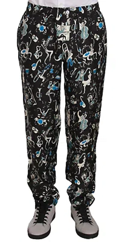 Pre-owned Dolce & Gabbana Elegant Silk Lounge Pants With Unique Print In Black