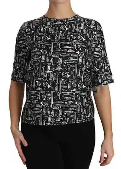 Pre-owned Dolce & Gabbana Black Musical Instruments Print Silk Blouse