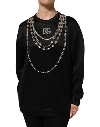 Pre-owned Dolce & Gabbana Black Necklace Crystal Dg Logo Sweatshirt Women's Sweater ()