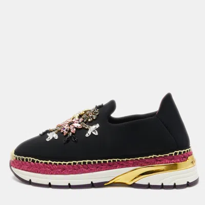 Pre-owned Dolce & Gabbana Black Neoprene Barcelona Crystal Embellished Sneakers Size 40.5