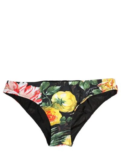 Dolce & Gabbana Black Nylon Floral Print Bikini Bottom Swimwear In Multi