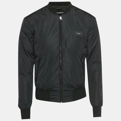 Pre-owned Dolce & Gabbana Black Nylon Logo Plaque Bomber Jacket Xs