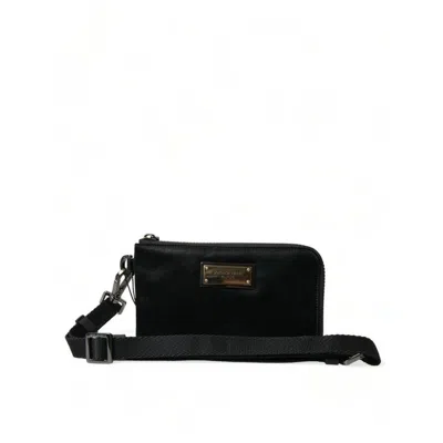 Dolce & Gabbana Black Nylon Logo Plaque Keyring Pouch Clutch Bag Leather In ["black"]