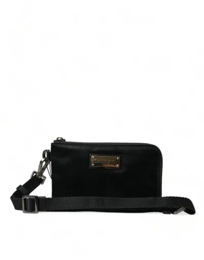Dolce & Gabbana Black Nylon Logo Plaque Keyring Pouch Clutch Women's Bag