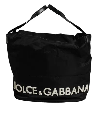 Dolce & Gabbana Black Nylon White Iconic Logo Shoulder Bucket Men's Bag