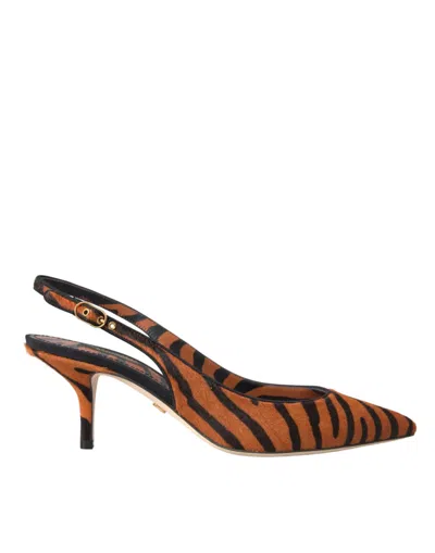 Dolce & Gabbana Zebra Calf Hair Slingback Kitten Heel Sandals In Orange
