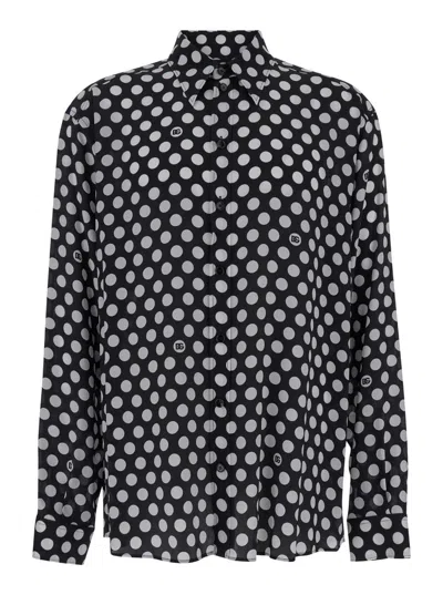 Dolce & Gabbana Black Oversized Shirt With Polka Dot Dg Print In Silk Crepe Man