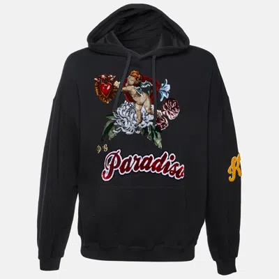 Pre-owned Dolce & Gabbana Black Paradise Applique Cotton Knit Hooded Sweatshirt L