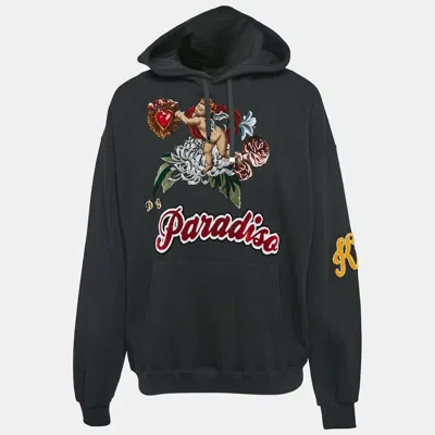 Pre-owned Dolce & Gabbana Black Paradise Applique Cotton Knit Hooded Sweatshirt M