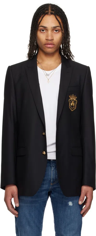 Dolce & Gabbana Black Patch Single-breasted Wool & Silk Blazer In Nero