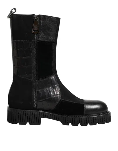 DOLCE & GABBANA BLACK PATCHWORK LEATHER MID CALF BOOT  SHOES