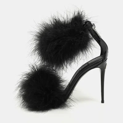 Pre-owned Dolce & Gabbana Black Patent Leather And Turkey Feather Ankle Strap Sandals Size 36
