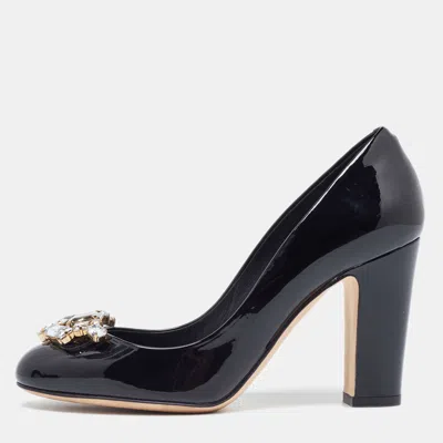 Pre-owned Dolce & Gabbana Black Patent Leather Crystal Embellished Block Heel Pumps Size 36.5