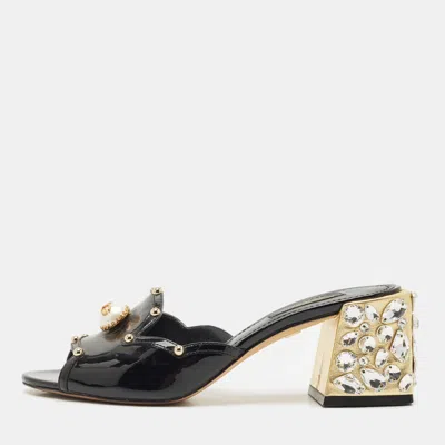 Pre-owned Dolce & Gabbana Black Patent Leather Crystal Embellished Slide Sandals Size 36.5