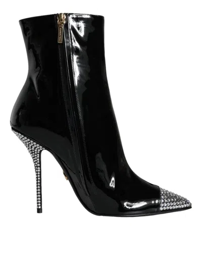 DOLCE & GABBANA DOLCE & GABBANA BLACK PATENT LEATHER CRYSTAL HEEL BOOTS WOMEN'S SHOES
