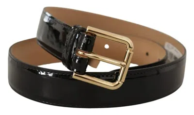 Pre-owned Dolce & Gabbana Black Patent Leather Gold Logo Engraved Buckle Women's Belt ()
