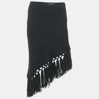 Pre-owned Dolce & Gabbana Black Patterned Wool Fringe Detail Asymmetric Skirt S